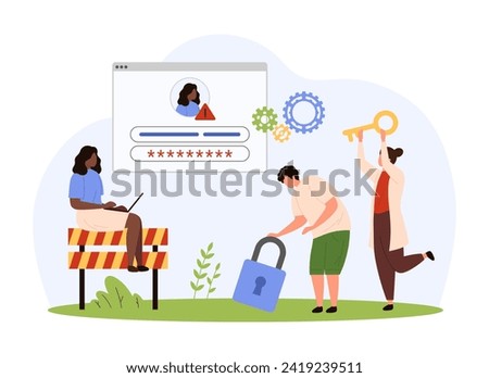 Wrong password, notification of security protection system. Tiny people holding key to open lock, mobile SMS or push chat message of alert information about virus attack cartoon vector illustration
