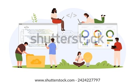 Front and back end software development. Tiny people programming, developers from agency coding and testing program code and UI UX website design of digital project cartoon vector illustration