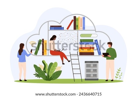Digital library for education, training courses with AI technology. Tiny people learning with laptops inside cloud with circuit, students reading science books online cartoon vector illustration