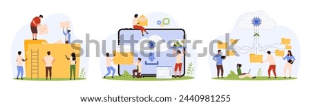 Online data storage set. Tiny people organize information with folders and archives, upload digital directory to cloud storage and share, connect documents on network cartoon vector illustration