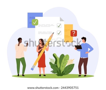 Checklist survey, notes and reminder. Tiny people holding pencil to write ticks in list on paper document, think about choice and question in questionnaire, plan work tasks cartoon vector illustration