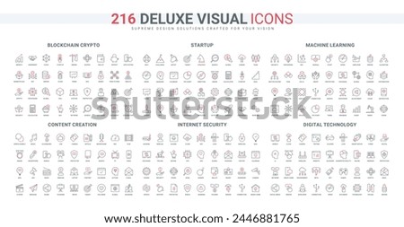 AI technology and data protection, blockchain line icons set. Connection support and security, online blogging and vlogging, smart home and robot thin black and red outline symbols vector illustration