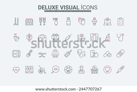 Medical devices and diagnostic hospital equipment, surgical and doctors instruments line icons set. Oximeter and thermometer, ultrasound scanner thin black and red symbols vector illustration