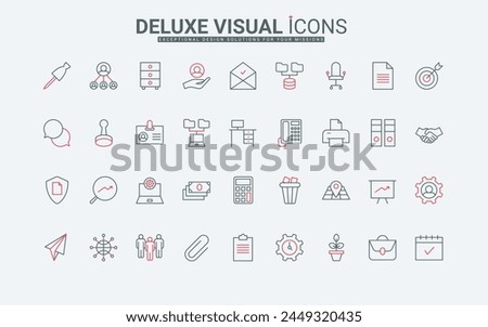 Office work thin black and red line icons set vector illustration. Outline symbols of business documents in folder and briefcase, calculator and calendar, managers badge and orgchat hierarchy