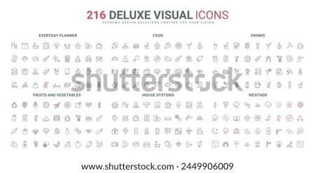 Planner mobile app, food and drink, weather forecast line icons set. Access to home system and CCTV, smart technology, garden crop selection thin black and red outline symbols vector illustration