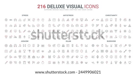 Buddhism and Christianity, Islam and Judaism, mental health line icons set. Religious ritual services and holidays, temple mosque and church thin black and red outline symbols vector illustration