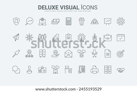 Outline symbols of business documents in folder and briefcase, calculator and calendar, managers badge and orgchat hierarchy. Office work thin black and red line icons set vector illustration