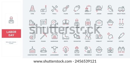 Occupational safety of repair workers and engineer in industry, equipment and machines line icons set. Tools of builders toolbox, workwear thin black and red outline symbols vector illustration