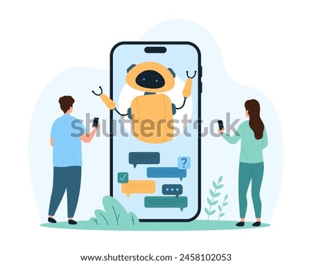 Conversation with chat bot in mobile phone. Tiny people talk with robot with messenger speech bubbles on smartphone screen, automatic marketing of future and users support cartoon vector illustration