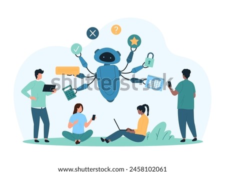 Office productivity of employee with AI services. Tiny people work with productive robot secretary, multitask support online from chat bot with many hands and skills cartoon vector illustration