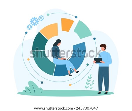 Pie chart analytics. Tiny people work with data statistics in infographic diagram presentation, analysts analyze graph report and segments of commercial profit of company cartoon vector illustration