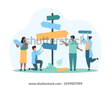 Choice of path direction, solutions search, information guide. Tiny people holding arrows boards near sign post to choose right road at start of journey, correct decision cartoon vector illustration