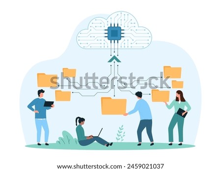 Cloud data storage, file backup organization. Tiny people organize directory information online, users download and share archives, search and add folders to network cartoon vector illustration