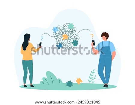 Misunderstanding barrier in online communication. Tiny people with miscommunication problem, woman and confused man listen speech and understand information in bad way cartoon vector illustration