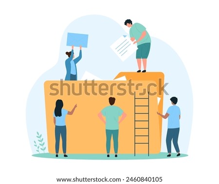 Cloud data storage organization and file management. Tiny people add digital document to big open folder, upload and organize information in web directory and archive cartoon vector illustration