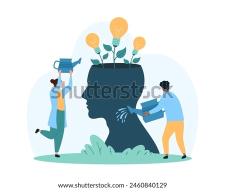 Creative business idea growth, mentorship and change to positive mindset, skills development strategy. Tiny people watering light bulb plants growing from human head cartoon vector illustration