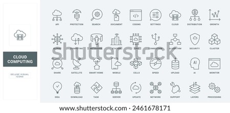 Server services for security system and storage documents, digital access protection, network connection thin black and red outline symbols, vector illustration. Cloud computing line icons set.