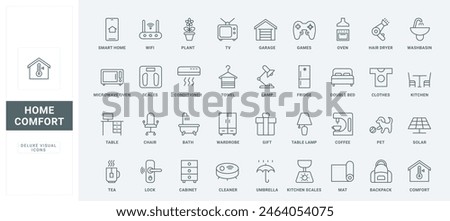 Home comfort products collection for household and garage, cleaning and cooking thin black and red outline symbols, vector illustration. Electric appliances, furnishings and tools and line icons set