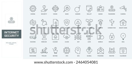 Outline cybersecurity support symbols, shield from computer virus of hacker and fraud, phishing and bugs. Internet security, data protection thin black and red line icons set vector illustration
