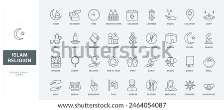 Muslim calendar for fasting, lantern and mosque, Ramadan Kareem and reading Quran. Islamic culture and prayers thin black and red outline symbols, vector illustration. Religion of Islam line icons set