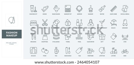 Food and tea, sport and hygiene, skincare for health. Modern life thin black and red outline symbols, social media and shopping vector illustration. Beauty, fashion makeup and lifestyle line icons set