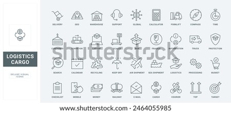 Outline warehouse insurance, support and search service, truck and forklift, sea and air shipment of containers. Delivery and worldwide logistics thin black and red line icons set vector illustration