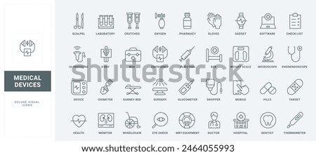 Wheelchair and bed for patient, first aid kit and diagnostic laboratory software, microscope thin black and red symbols vector illustration. Medical devices and hospital equipment line icons set