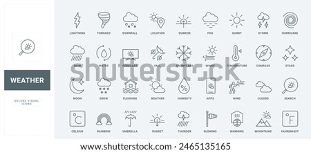 Meteorology and climate forecast pictograms vector illustration. Weather line icons set. Humidity and temperature of Celsius and Fahrenheit, sun and rain from clouds thin black and red outline symbols