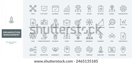 Outline organizational chart and diagram of business hierarchy of employees, team support, human resources. Company organization and management thin black and red line icons set vector illustration