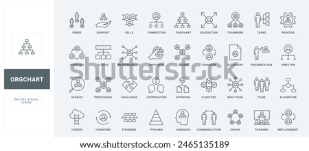 Leadership pyramid, communication between groups and teams thin black and red outline symbols, organogram vector illustration. Structure and hierarchy of corporate company, org chart line icons set