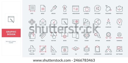 Creative graphic design, digital project creation line icons set. Options and settings, cloud program editing tools to customize art process thin black and red outline symbols vector illustration