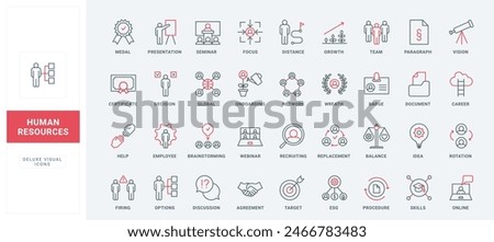 Human resources, employment line icon set. Search and recruit of manager, candidate selection options and skills training, HR vision and strategy thin black and red outline symbols vector illustration