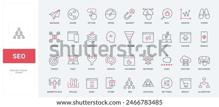 SEO optimization line icons set. Web traffic statistics and analytics of algorithm, content search, support with magnet and filter of sales thin black and red outline symbols vector illustration