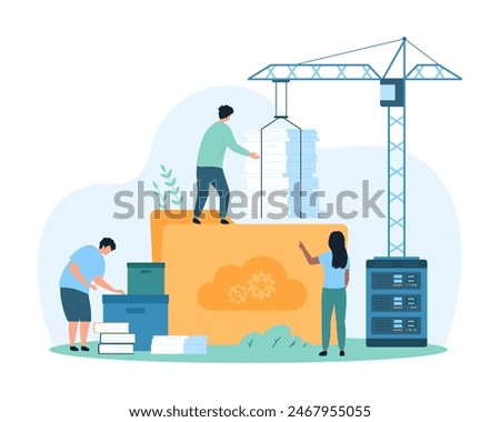 Storage and organization of document flow. Tiny people load paper sheets into folder with construction crane, organize directory and library of archives on servers cartoon vector illustration