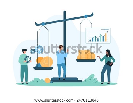 Money and idea balance, financial analysis of value and profit of project or purchase for investor. Tiny people weigh coins and light bulbs on seesaw scales, compare price cartoon vector illustration