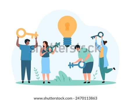 Success creative solution to solve business problem of company. Tiny people holding keys to unlock secret lock inside light bulb, open confidential access to right idea cartoon vector illustration