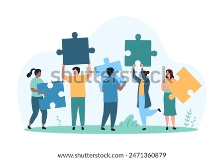 Business problem creative solving, company union and success teamwork. Tiny people holding jigsaw puzzle pieces to connect and assemble in cooperation and partnership cartoon vector illustration