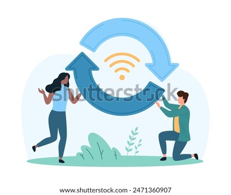 Refresh, synchronize or reset internet connection. Tiny people holding two circular arrows and wifi sign, rotate and move round graph to data and online signal reload cartoon vector illustration