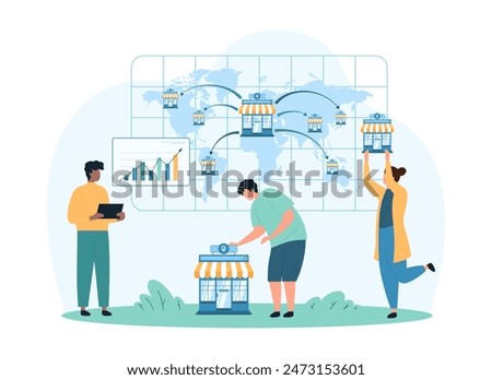 Global franchise business development, corporate company expansion and distribution. Tiny people pin new small model of restaurant, office or retail shop on world map cartoon vector illustration