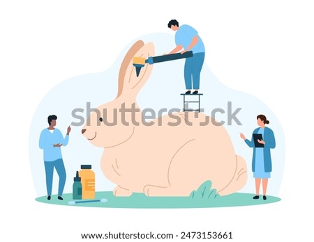 Medical examination of rabbit ear by veterinarian in vet hospital. Tiny people check bunny ears health with otoscope, professional examination and treatment of animal cartoon vector illustration