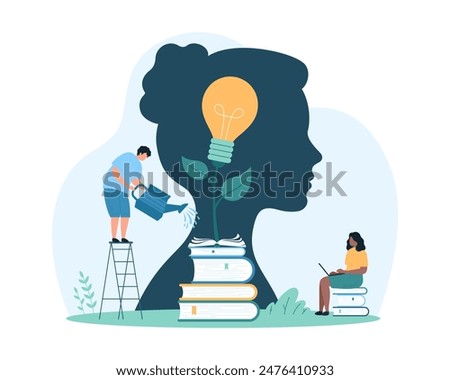 Skills training, creative thinking and professional qualification development. Tiny people watering light bulb growing from open book inside silhouette of human head cartoon vector illustration