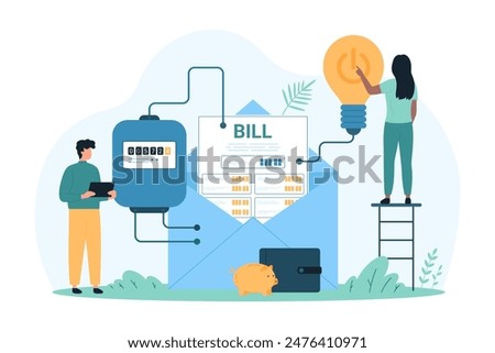 Electricity bill, payment for invoice. Tiny people press power button on light bulb, man and woman check electric meter to pay for electricity consumption and save energy cartoon vector illustration