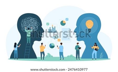 Mentor assistance, visualization of coaching communication and mentoring. Tiny people unraveling mess of thread with transformation into order and light bulb inside heads cartoon vector illustration