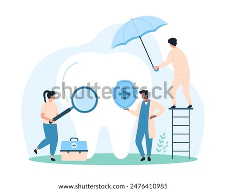 Dental insurance, oral and teeth health inspection by dentists. Tiny people holding shield, umbrella and magnifying glass to check tooth trouble and protect enamel cartoon vector illustration