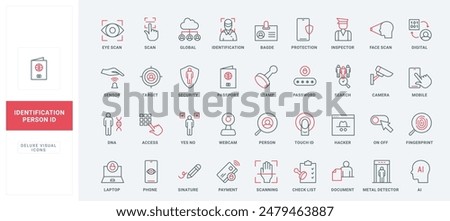 User identification, ID card and employee badge, biometric recognition line icons set. Scanning eye and fingerprint, face in scanner square thin black and red outline symbols vector illustration