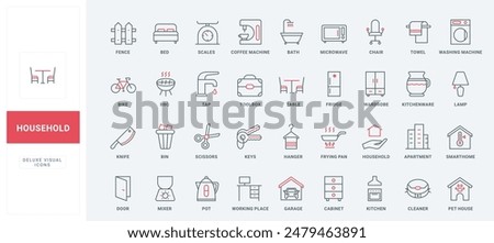 Household equipment, kitchen tools for cooking and electric appliances line icons set. Domestic smart devices, home office furniture and machines thin black and red outline symbols vector illustration
