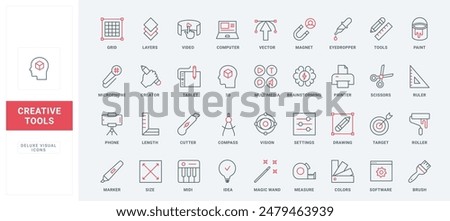 Brainstorming creative idea, authors tools of editor, software settings line icons set. Digital graphic design, magnet for multimedia content thin black and red outline symbols vector illustration