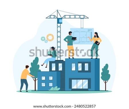 Building house process at construction site, work with floor plan. Tiny people and construction crane build house with home apartments according to paper blueprint cartoon vector illustration