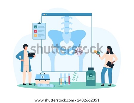 Pain in hip joint due to injury, chronic bone and ligament diseases, orthopedic diagnosis and treatment. Tiny people examine xray of patients skeleton with inflammation cartoon vector illustration