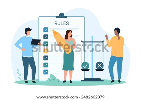 Business company policy, terms and rules, guideline. Tiny people reading information in document on clipboard with marker to control, making tick in restricted list cartoon vector illustration
